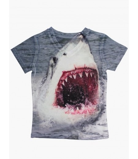 Shark Print Short Sleeve V Neck T-Shirt