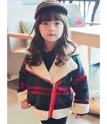 Girls Plaid Inclined Zipper Thick Wool Jacket