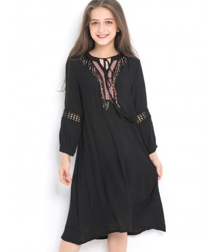 Girls Ethnic Tie Collar Hollow Out Trim A Line Dress
