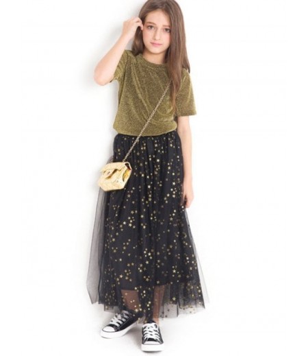 Shiny T-Shirt and Star Pattern Tulle Skirt Set