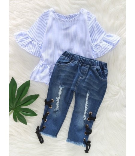 Ruffle Sleeve Striped Top and Ripped Jeans Set